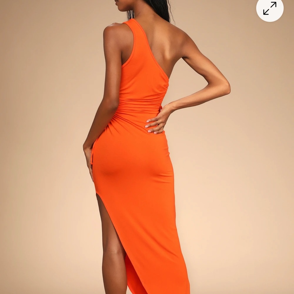 Lulu’s NWT Heat of the Moment Orange Asymmetrical Cut Out Body Con Midi Dress LG - Picture 11 of 12